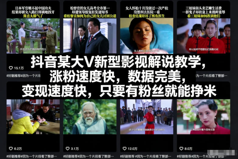 抖音某大V新型影视解说教学，涨粉速度快，数据完美，变现速度快，只要有粉丝就能挣米-黑密阁