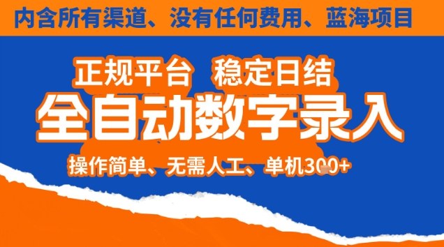 全自动数字录入，单机日入3张+，内含所有渠道全程免费零成本，操作简单可矩阵开干【揭秘】-黑密阁